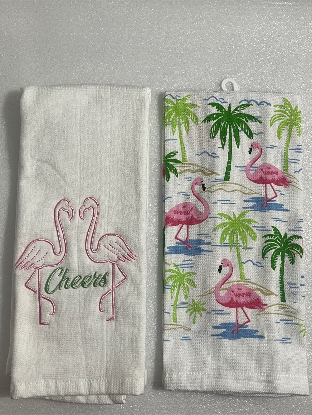 Pink Flamingo Kitchen Towels - Tropical Printed & Embroidered Set